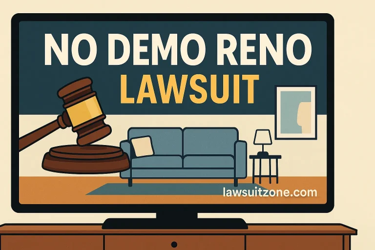 Feature graphic showing TV screen with “No Demo Reno Lawsuit” text, a judge’s gavel, and a modern living room backdrop, branded lawsuitzone.com.