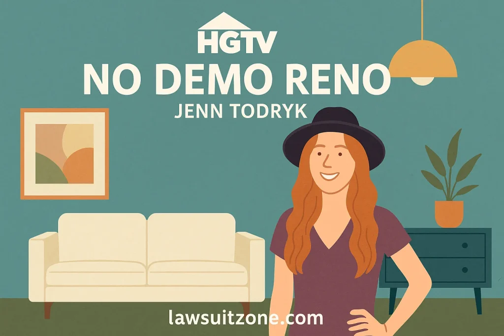 Illustration of HGTV host Jenn Todryk from No Demo Reno standing in a modern living room, with text announcing the show, branded lawsuitzone.com.