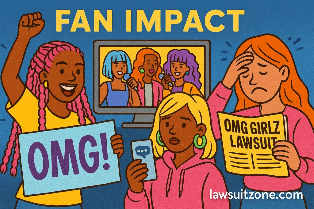 Illustration of OMG Girlz fans reacting to the lawsuit, with one cheering, another concerned with a phone, and one upset holding a newspaper headline, branded lawsuitzone.com.