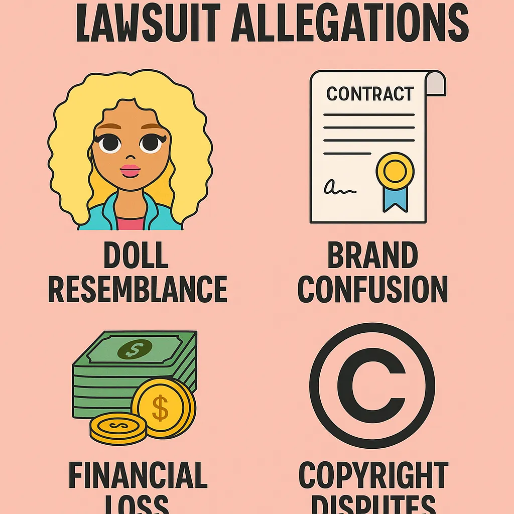 Infographic titled “OMG Girlz Lawsuit Allegations” showing four icons: a doll for resemblance, contract for brand confusion, money stack for financial loss, and copyright symbol for disputes, branded lawsuitzone.com.