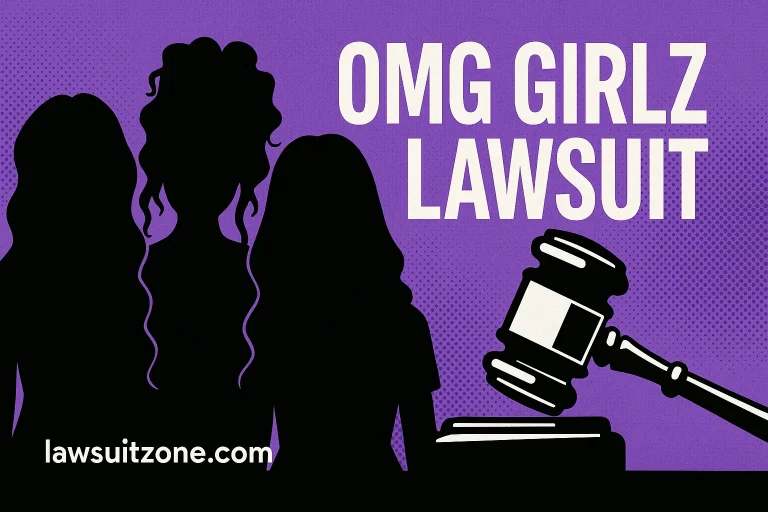 Bold graphic with OMG Girlz silhouettes, gavel, and purple backdrop with text “OMG Girlz Lawsuit,” branded lawsuitzone.com.