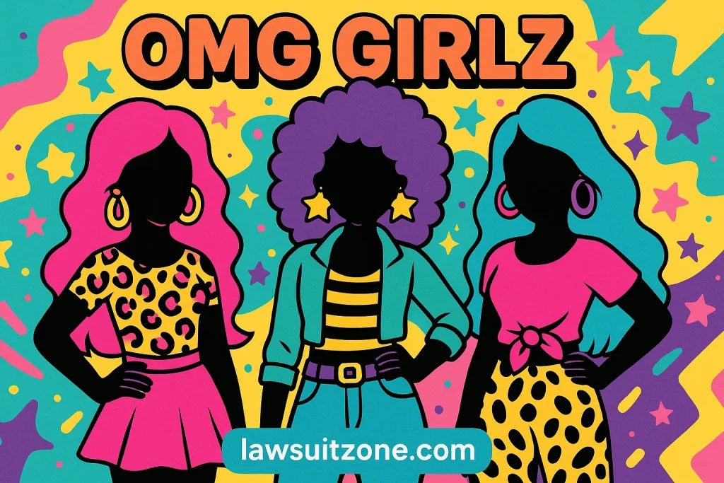 Illustration of OMG Girlz in colorful early 2010s pop-art style with neon outfits and bold hairstyles, branded lawsuitzone.com.