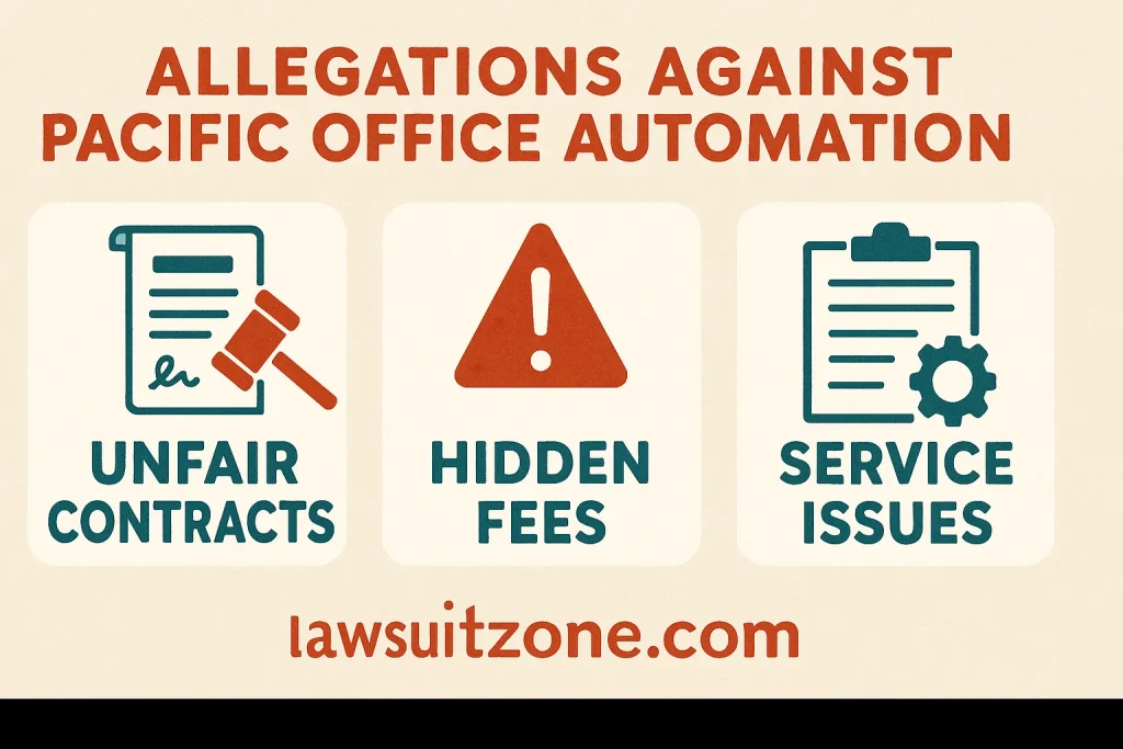 Infographic illustrating allegations against Pacific Office Automation such as unfair contracts, hidden fees, and service issues, branded lawsuitzone.com.