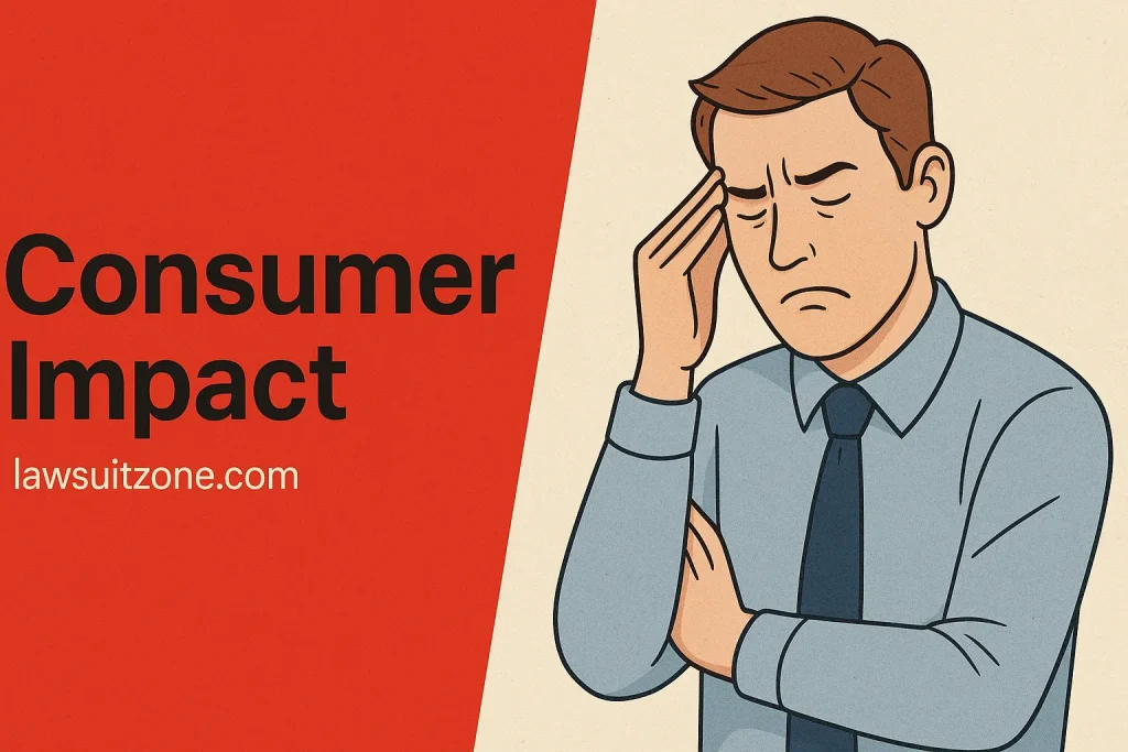 Infographic highlighting consumer impact of the Pacific Office Automation lawsuit, featuring stressed customer illustration and branding lawsuitzone.com.