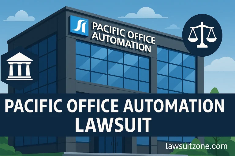 Feature image showing Pacific Office Automation Lawsuit building with courthouse icons and legal theme, branded lawsuitzone.com.