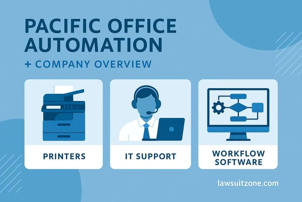 Infographic showing Pacific Office Automation’s key services: printers, IT support, and workflow software, branded lawsuitzone.com.