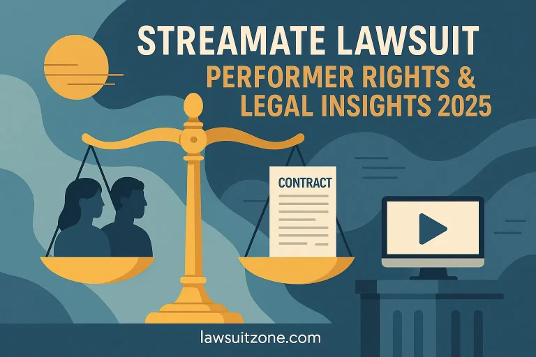Streamate lawsuit 2025 illustration showing balance scales, performers’ rights, and digital justice. Placement: At the top of the article, just below the headline.
