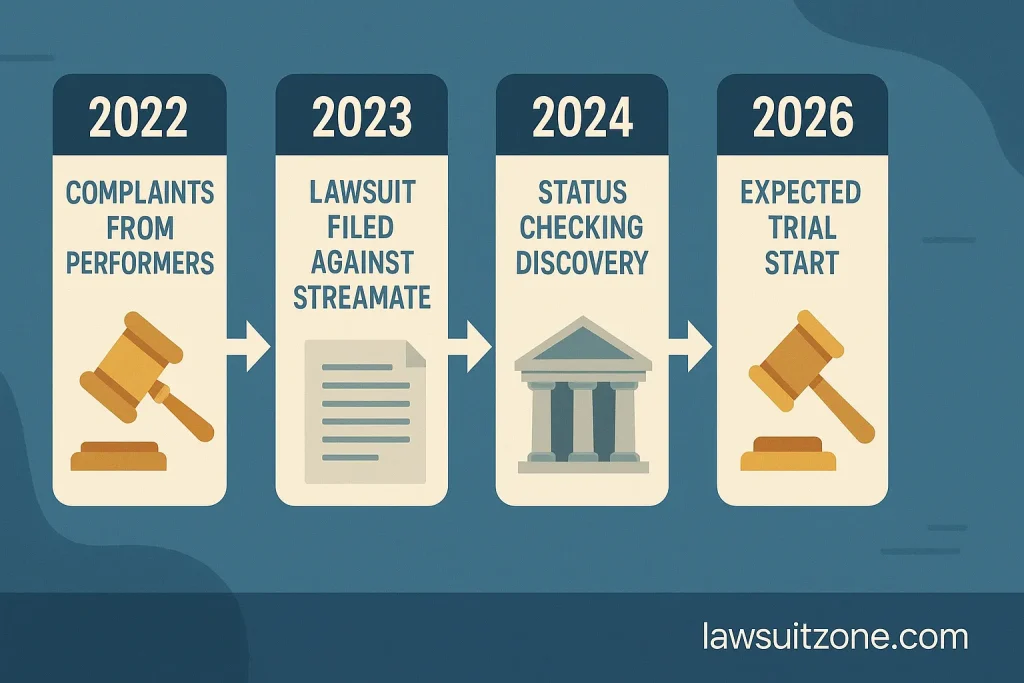 Visual timeline of the Streamate lawsuit legal process from 2022 complaints to 2026 trial projections.