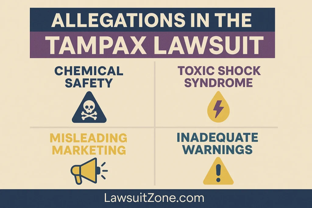 Infographic showing allegations in the Tampax lawsuit including chemical safety, toxic shock syndrome, misleading marketing, and inadequate warnings with lawsuitzone.com branding.