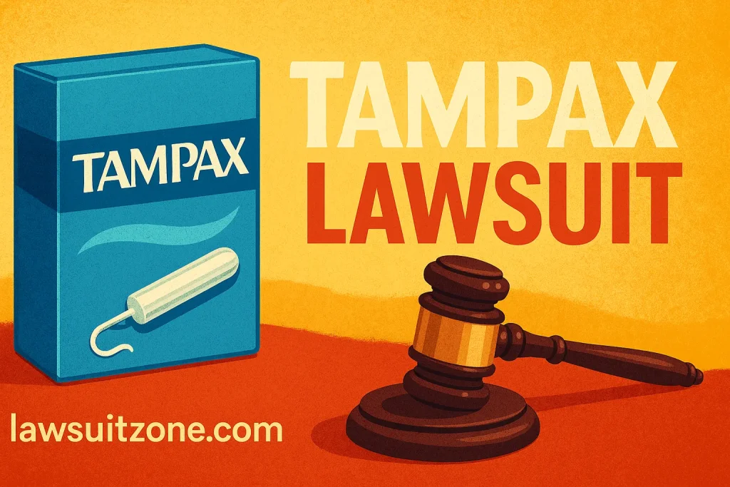 Illustration showing Tampax box and judge’s gavel with bold “Tampax Lawsuit” text and branding lawsuitzone.com.
