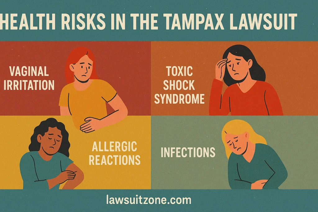 Infographic highlighting health risks in the Tampax lawsuit including vaginal irritation, toxic shock syndrome, allergic reactions, and infections with lawsuitzone.com branding.