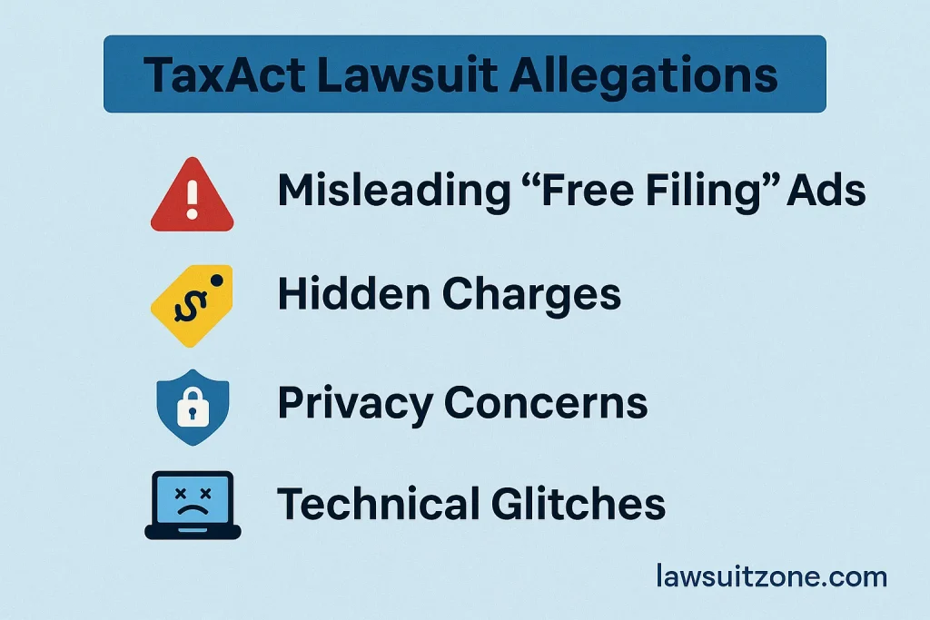 Infographic titled “TaxAct Lawsuit Allegations” highlighting misleading “free filing” ads, hidden charges, privacy concerns, and technical glitches, branded lawsuitzone.com.