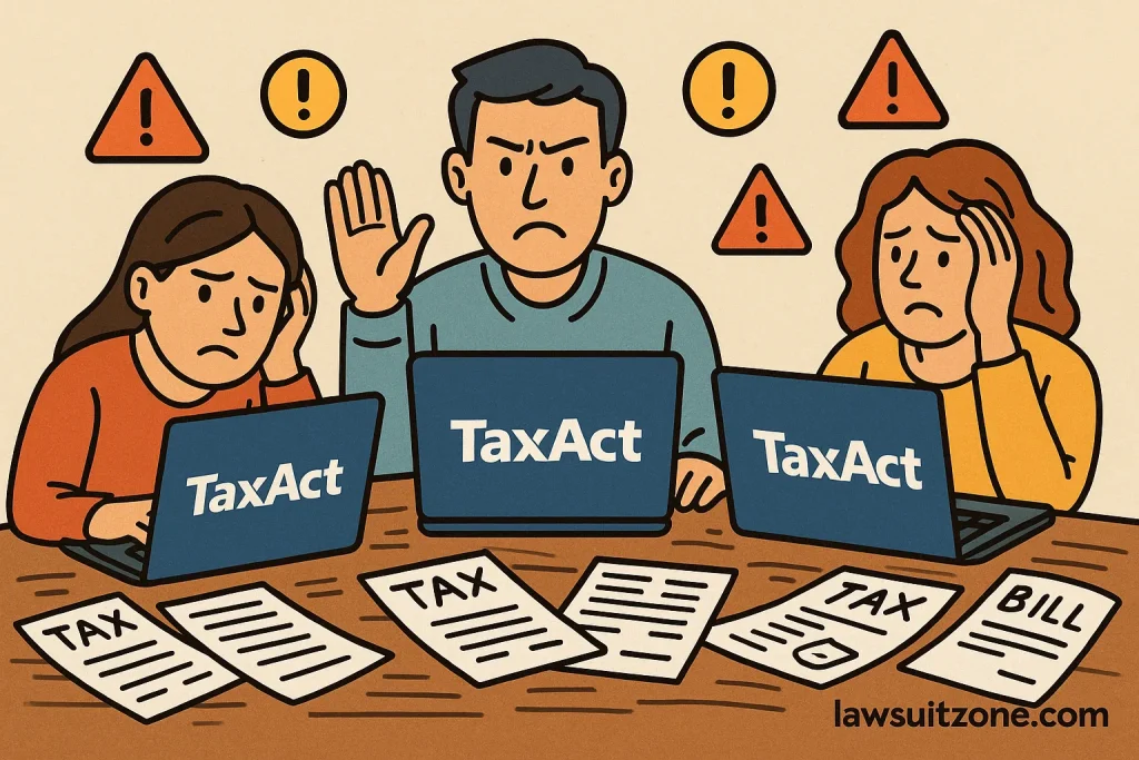 Illustration of frustrated taxpayers using laptops with TaxAct screens, surrounded by tax forms, bills, and warning signs, branded lawsuitzone.com.