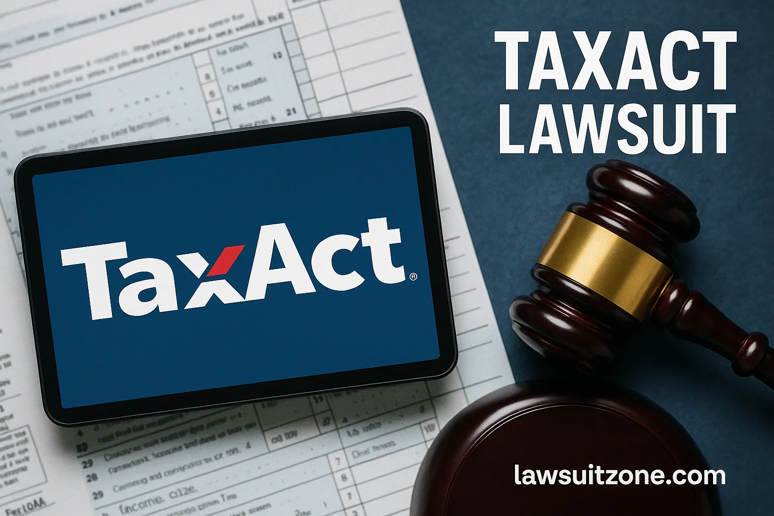 Feature image showing TaxAct logo on a tablet screen with tax forms and a judge’s gavel, branded with lawsuitzone.com.