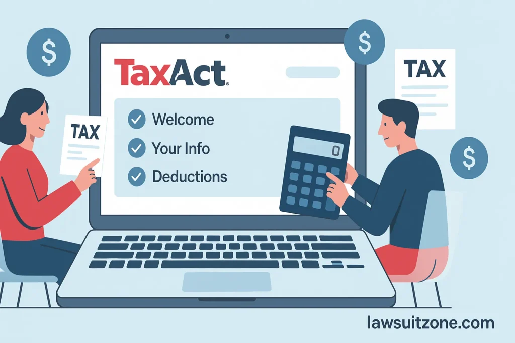 Flat-style illustration showing TaxAct software on a laptop with people filing taxes using calculator, documents, and money icons, branded lawsuitzone.com.