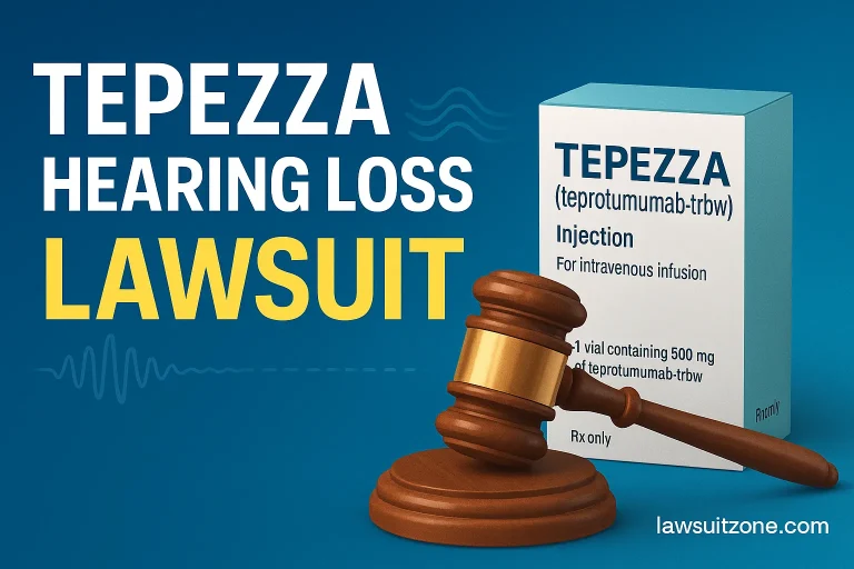 Feature graphic showing Tepezza medicine box with gavel and soundwaves fading to silence, symbolizing hearing loss, with lawsuitzone.com branding.