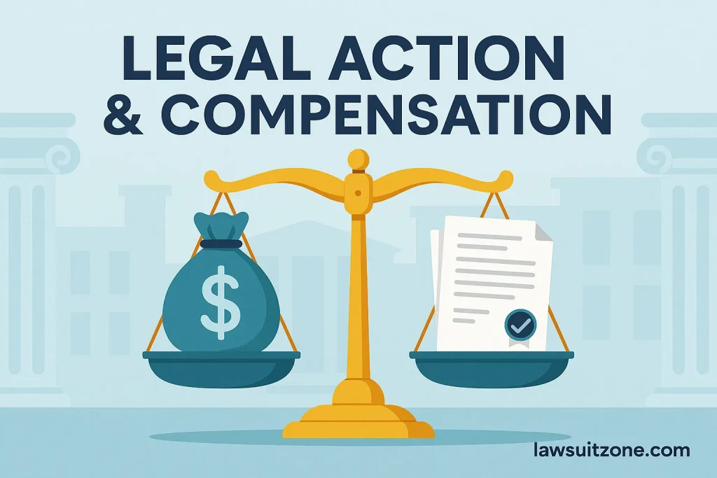 Flat illustration showing scales of justice balancing money bag and legal documents, symbolizing Tepezza lawsuit legal action and compensation, branded lawsuitzone.com.