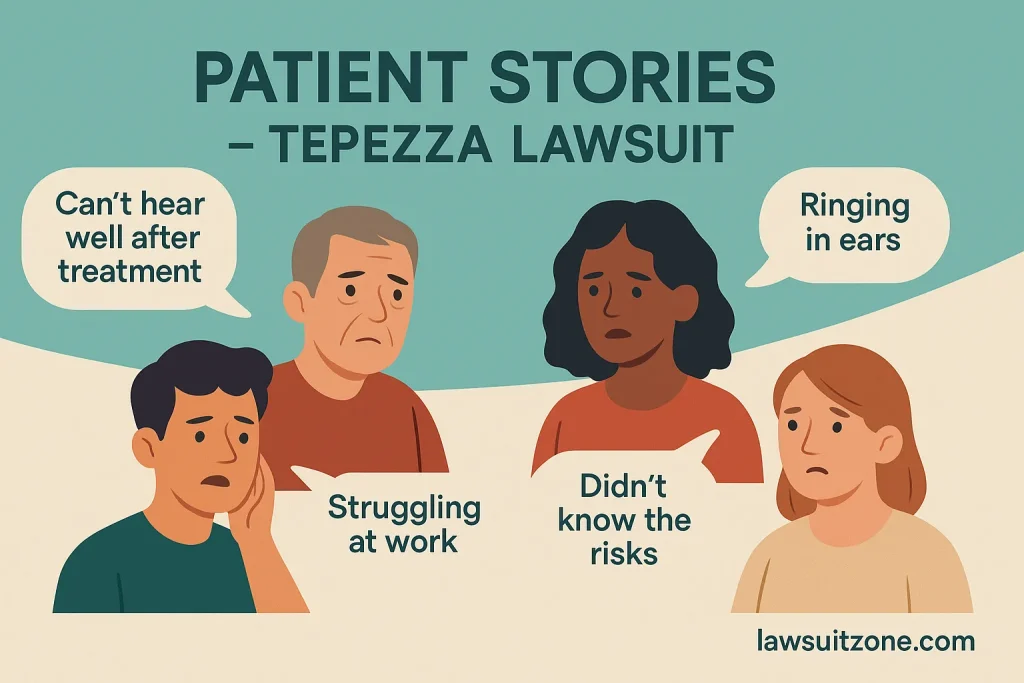 Infographic illustrating diverse patient stories about Tepezza hearing loss, with speech bubbles sharing real concerns like tinnitus, difficulty at work, and lack of awareness of risks, branded lawsuitzone.com.