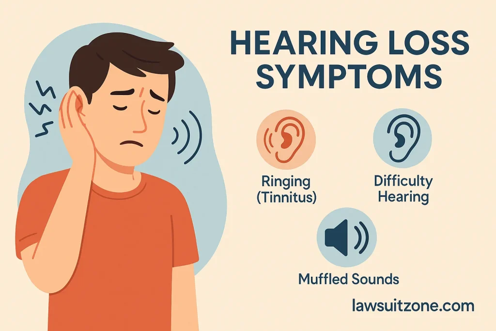 Infographic showing hearing loss symptoms linked to Tepezza including ringing (tinnitus), difficulty hearing, and muffled sounds, branded lawsuitzone.com.
