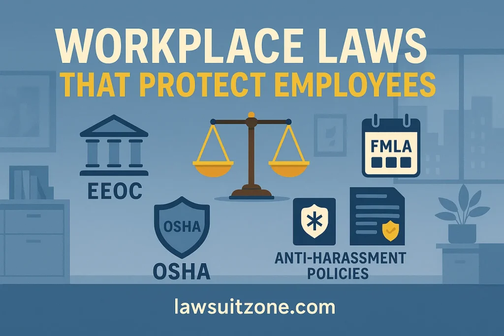 Infographic titled “Workplace Laws That Protect Employees,” showing icons for EEOC, OSHA, FMLA, and anti-harassment policies in a modern office, branded lawsuitzone.com.