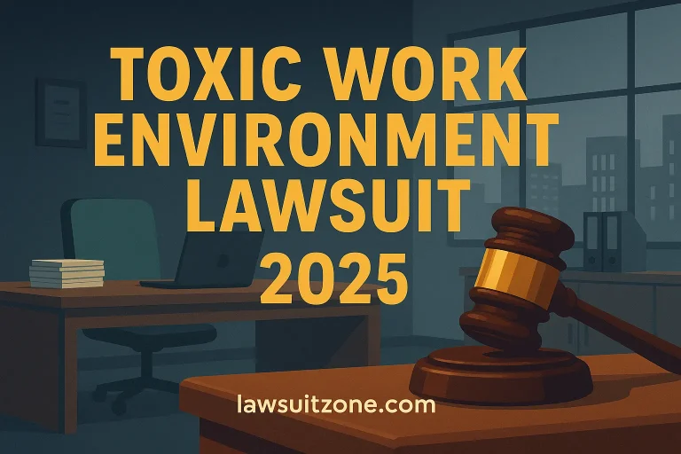 Feature image for toxic work environment lawsuit 2025 with gavel, office desk, and city skyline, branded lawsuitzone.com.