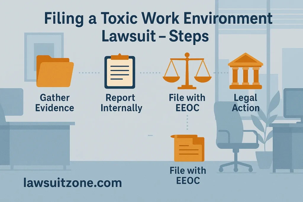 Infographic titled “Filing a Toxic Work Environment Lawsuit – Steps,” showing process icons for gathering evidence, reporting internally, filing with EEOC, and legal action, branded lawsuitzone.com.