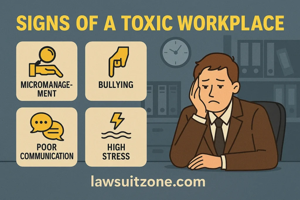 Infographic titled “Signs of a Toxic Workplace” showing stressed employee and icons for micromanagement, bullying, poor communication, and high stress, branded lawsuitzone.com.