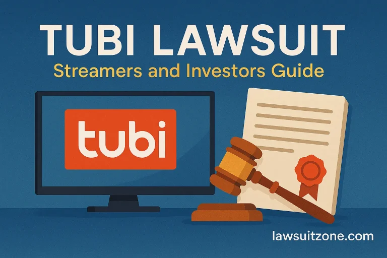 Feature image showing Tubi lawsuit with TV, gavel, and legal document.
