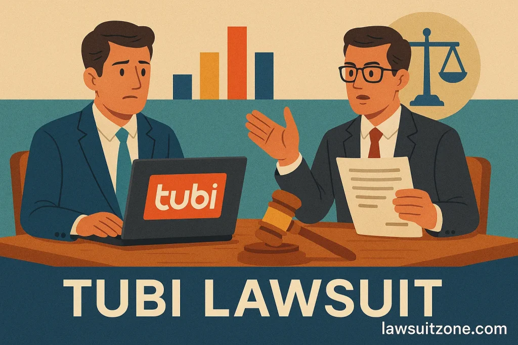Infographic showing Tubi lawsuit timeline from 2021 to 2025.