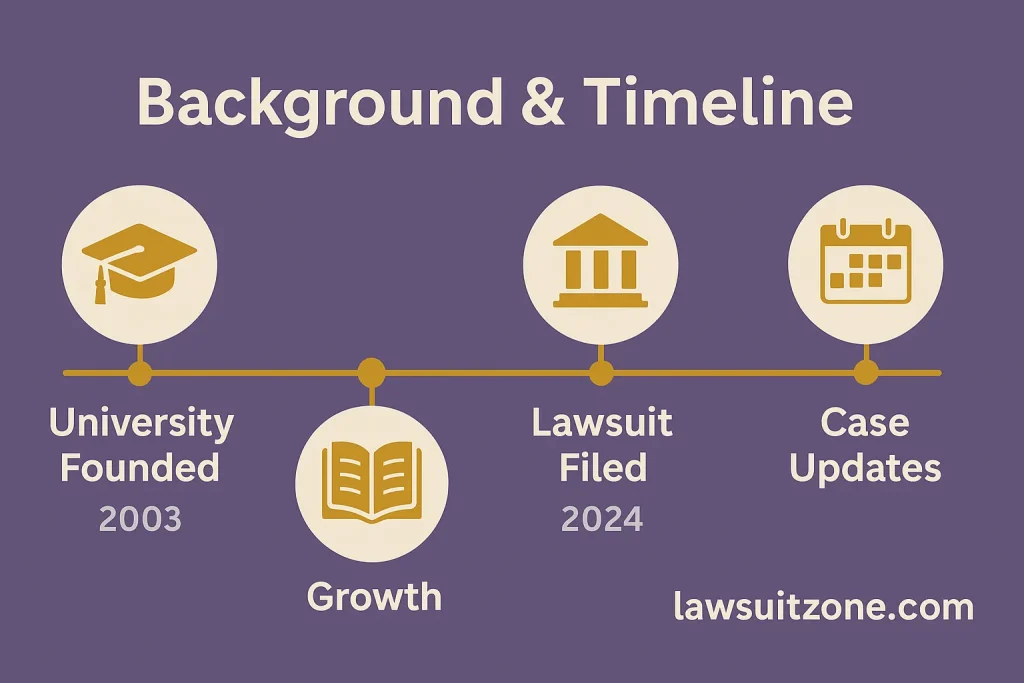 Infographic timeline showing key events of the University of Metaphysical Sciences lawsuit, including founding, growth, lawsuit filing, and updates, branded lawsuitzone.com.