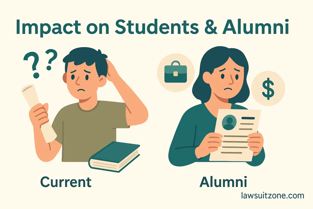 Infographic showing the impact of the University of Metaphysical Sciences lawsuit on students and alumni, with a student holding diploma and alumni with resume, branded lawsuitzone.com.