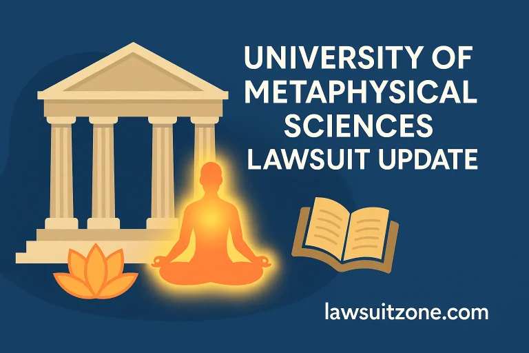 Feature image showing a courthouse with spiritual symbols like lotus and light aura, representing University of Metaphysical Sciences lawsuit update, branded lawsuitzone.com.