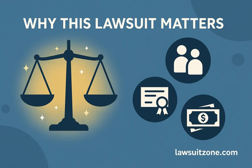 Infographic with scales of justice, students, diplomas, and finances icons, showing why the University of Metaphysical Sciences lawsuit matters, branded lawsuitzone.com.
