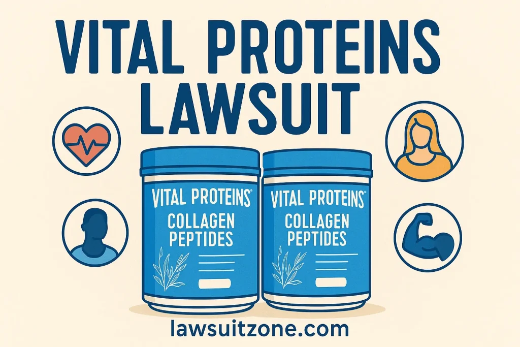 Illustration showing Vital Proteins collagen tubs with icons for heart, beauty, and strength, representing the brand’s health and fitness focus, branded lawsuitzone.com.
