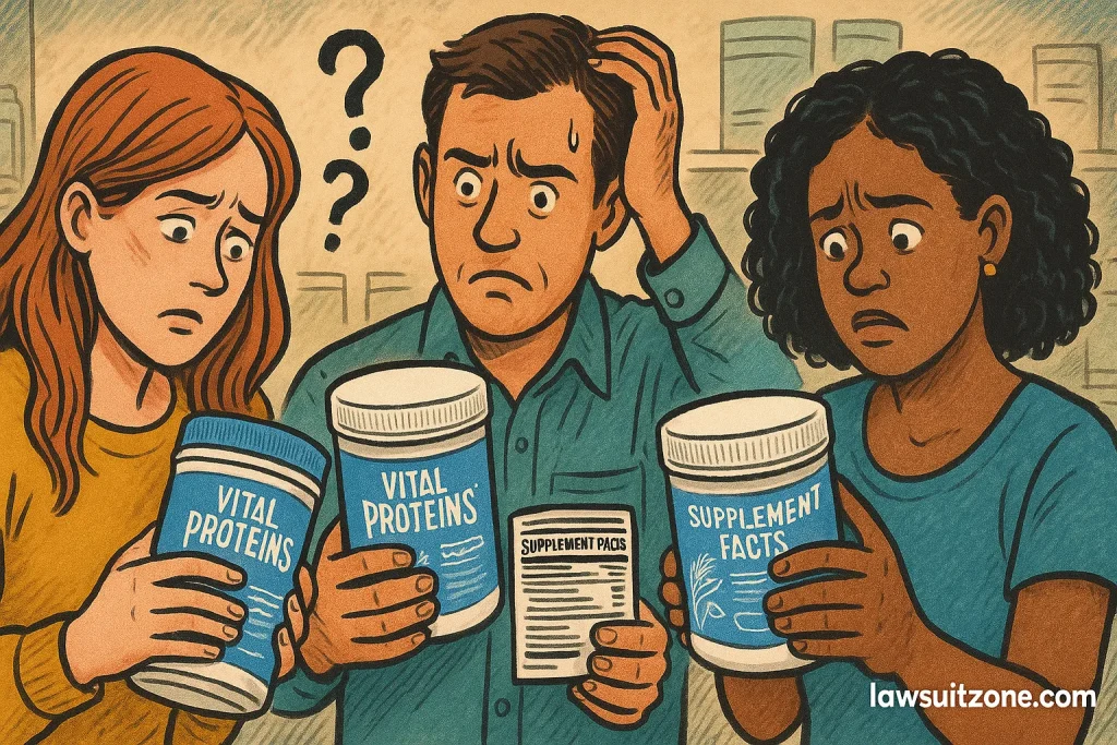 Illustration of confused shoppers examining Vital Proteins supplement tubs and labels, expressing frustration and doubt, branded lawsuitzone.com.