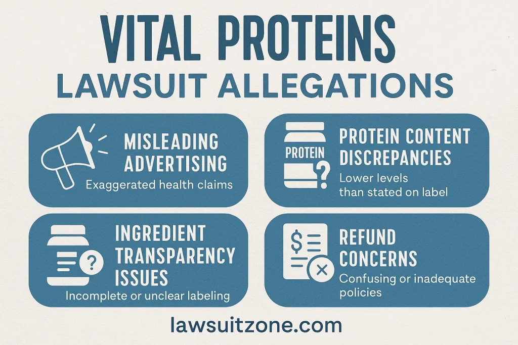 Infographic listing allegations against Vital Proteins: misleading advertising, protein content discrepancies, ingredient transparency issues, and refund concerns, branded lawsuitzone.com.
