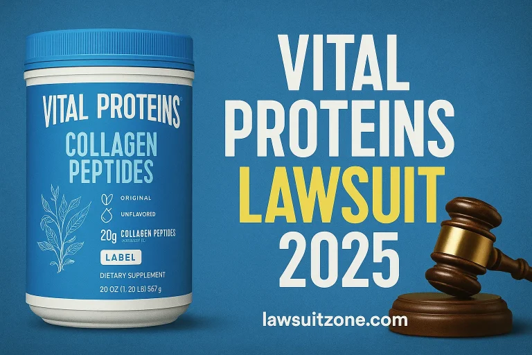 Feature graphic with Vital Proteins collagen tub, a legal gavel, and bold text “Vital Proteins Lawsuit 2025,” branded with lawsuitzone.com.
