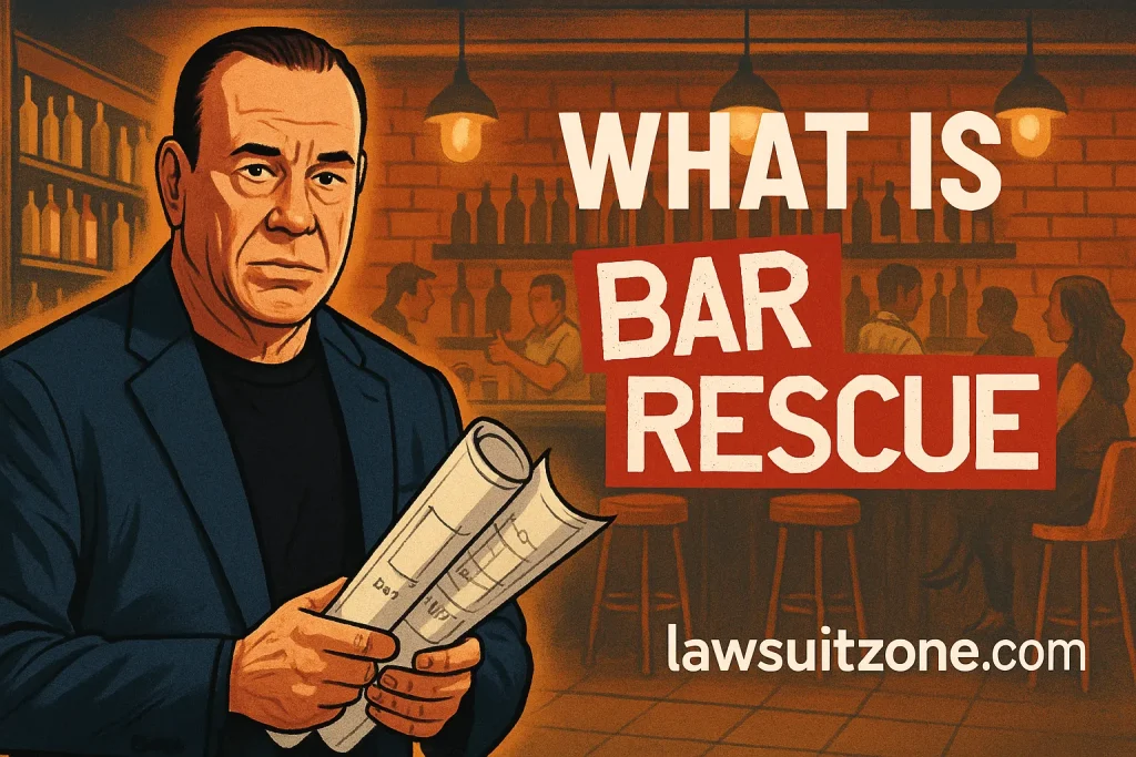 Illustration of Jon Taffer holding bar blueprints, standing in a busy bar scene with “What is Bar Rescue” text and branding lawsuitzone.com.