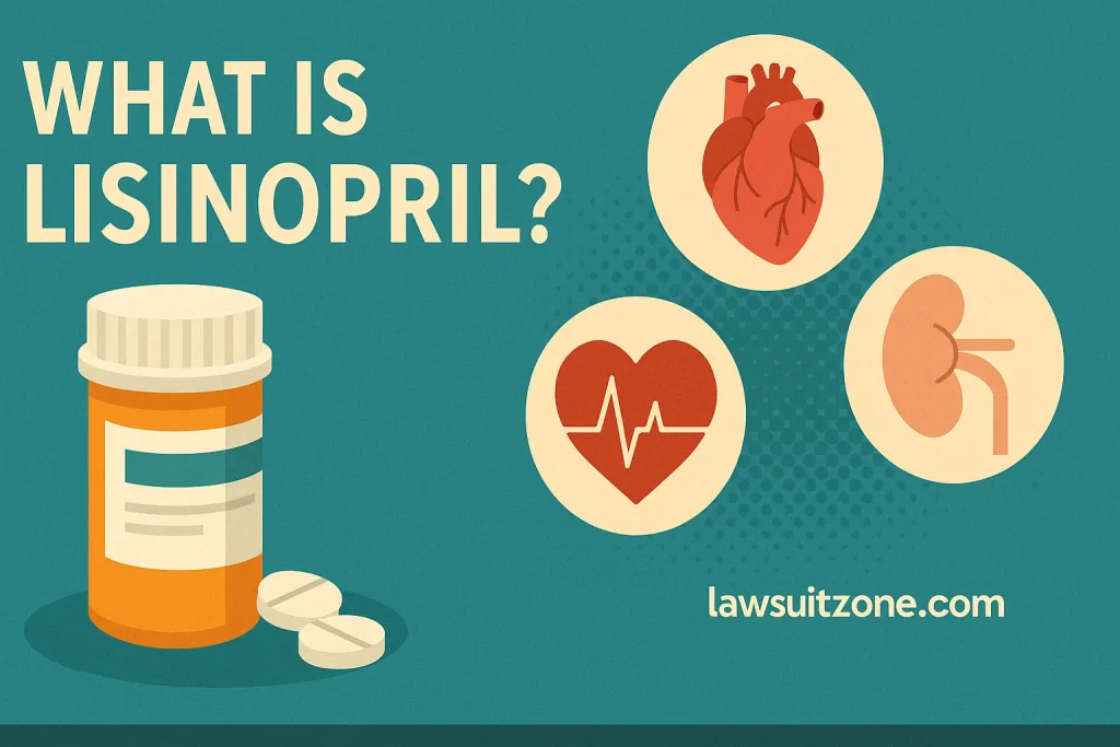 Illustration showing a lisinopril prescription pill bottle with tablets and medical icons for heart, kidney, and ECG functions, branded with lawsuitzone.com.