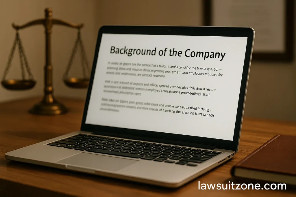 A laptop displaying “Background of the Company” on screen with justice scales blurred in the background, symbolizing legal and corporate context.