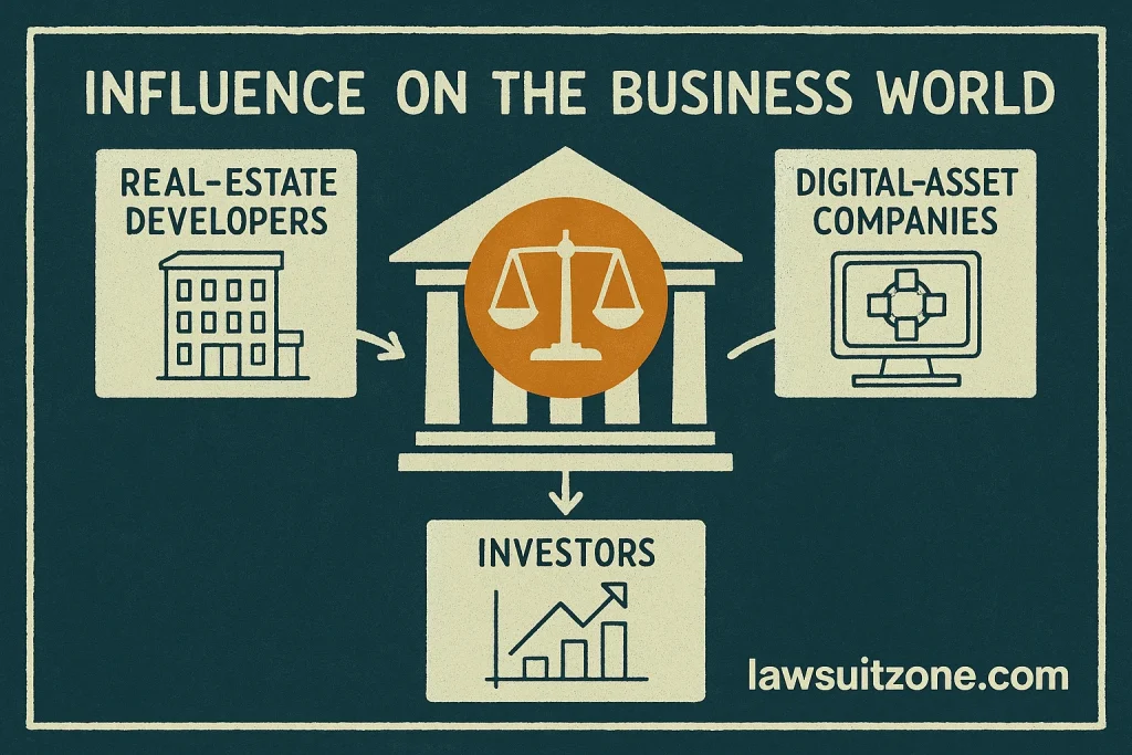 Modern flat-style illustration showing a confident businessperson with law books, balance scales, and financial growth icons, representing legal awareness and ethical business practices in the Dapper Development lawsuit, with lawsuitzone.com text at the bottom.
