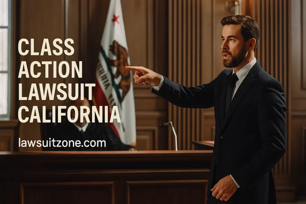 Lawyer addressing the jury in a California courtroom with the state flag behind, symbolizing justice and accountability in class action cases.