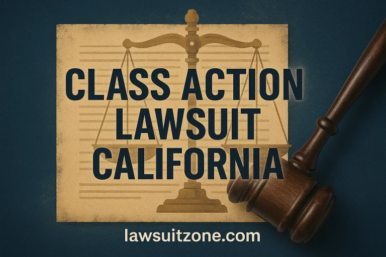 Digital graphic showing “Class Action Lawsuit California” text with justice scales and gavel, symbolizing legal fairness in California lawsuits.