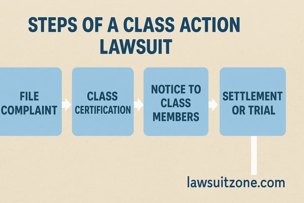 Infographic showing the step-by-step process of a class action lawsuit including filing, certification, notice, and settlement.