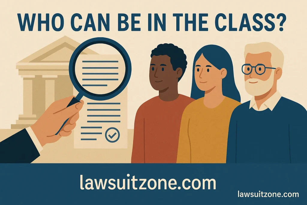 Illustration showing diverse individuals reviewing legal documents, symbolizing eligibility for joining a class action lawsuit in California.