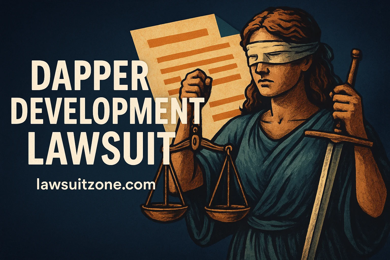 A semi-realistic digital artwork showing Lady Justice holding scales and a sword beside legal documents, symbolizing corporate and legal balance for the Dapper Development lawsuit, with lawsuitzone.com text at the bottom.