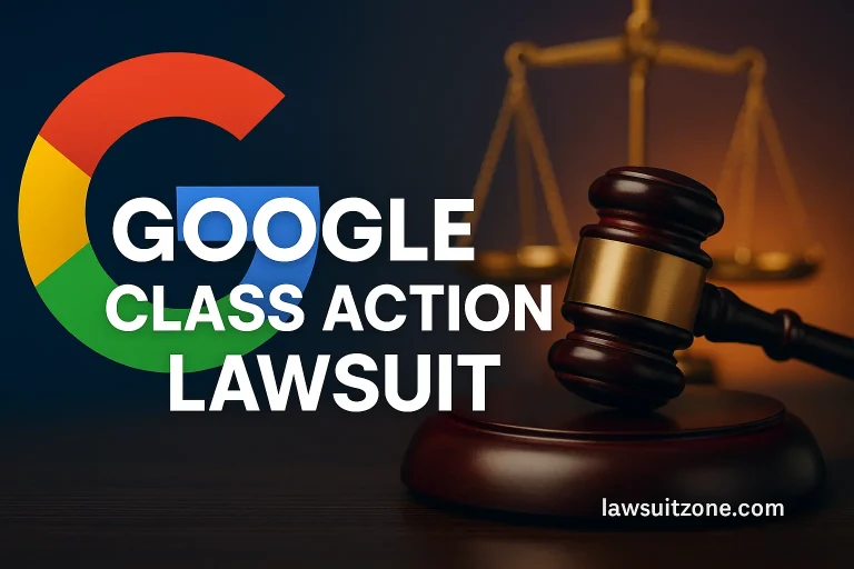 Banner showing Google logo, wooden gavel, and justice scales representing the Google class action lawsuit and online privacy laws, with lawsuitzone.com text at the bottom.