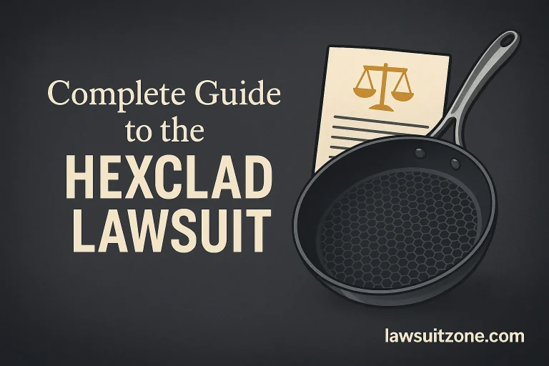 Editorial-style banner featuring a HexClad frying pan, legal document, and scales of justice icon, symbolizing consumer litigation, with lawsuitzone.com text at the bottom.