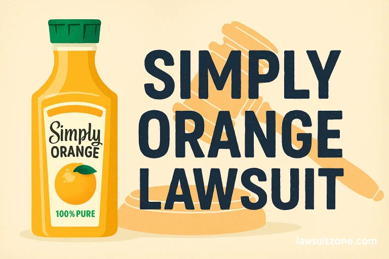 Illustration showing a Simply Orange juice bottle next to a gavel, symbolizing the legal controversy around the Simply Orange lawsuit, with lawsuitzone.com at the bottom.