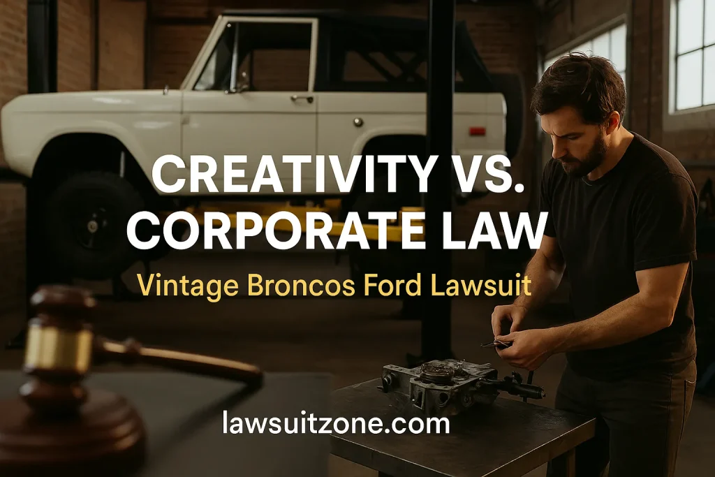 A workshop scene featuring a classic white Ford Bronco, a mechanic inspecting a car part, and a judge’s gavel symbolizing the Vintage Broncos Ford Lawsuit conflict between creativity and corporate law.